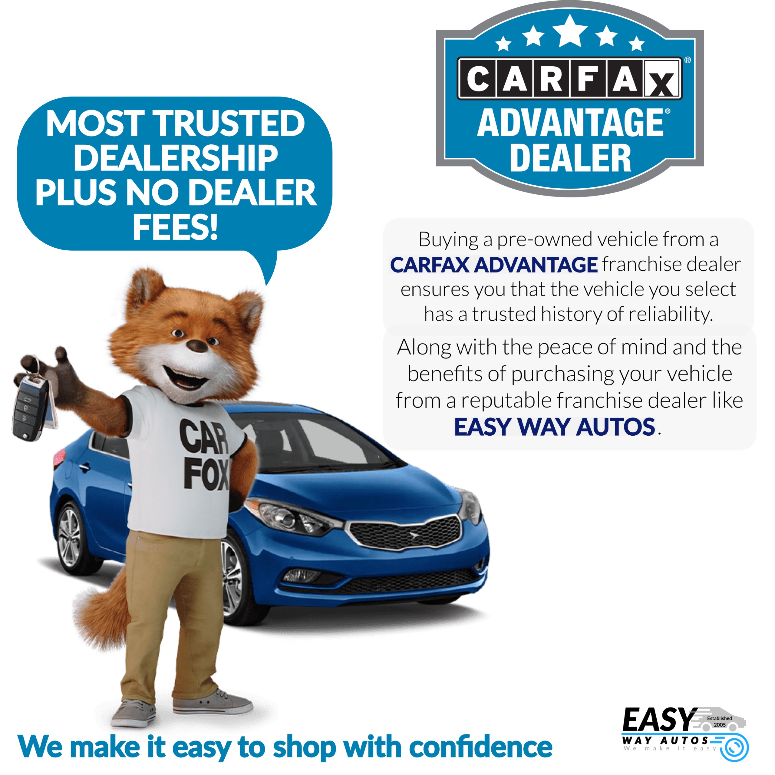 A carfax ad with a fox in front of a car.