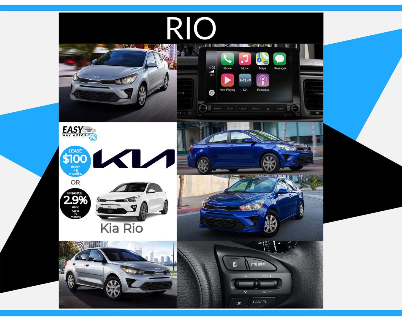 The 2019 kia rio is shown on a blue background.