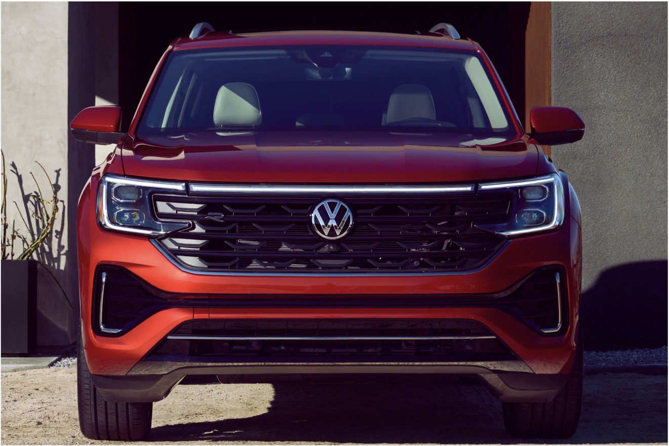 The front end of a red 2020 volkswagen atlas.
